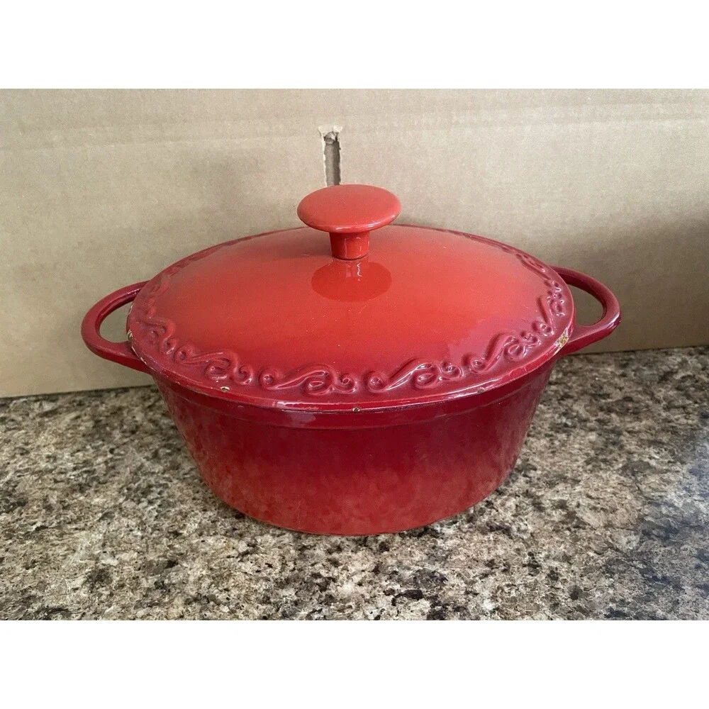 Vintage Red Enamel Cast Iron Dutch oven with Lid Double Handle